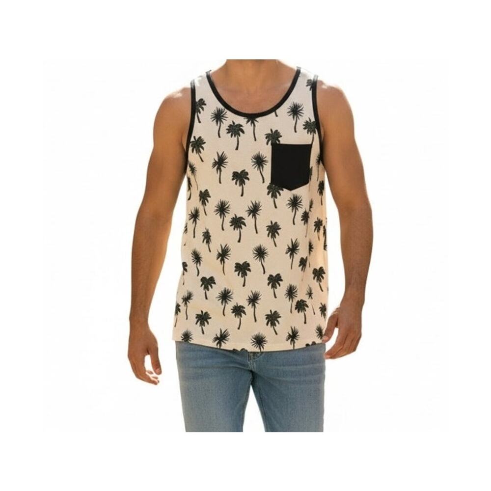 Shouthouse Palm Tree Print Tank Top Beige Black Coastal Surf Large